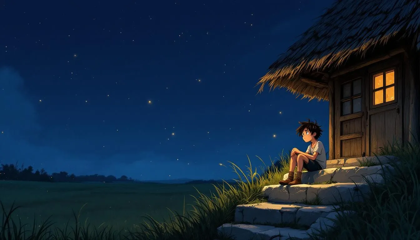 boy sitting outside and watching fireflies